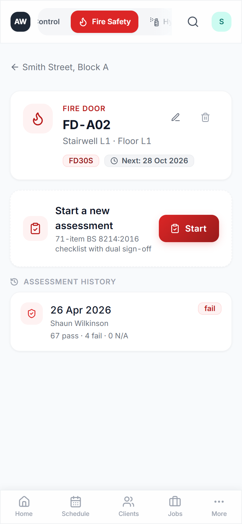 Per-door history with last-pass / last-fail badges