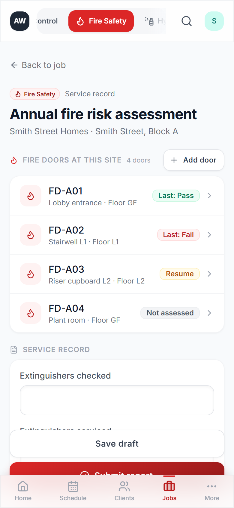 Site-level service record across every door